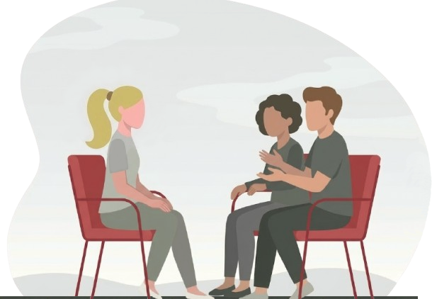 Illustration eines Paares im Beratungsgespräch – Paarberatung und Paartherapie in Frankfurt.