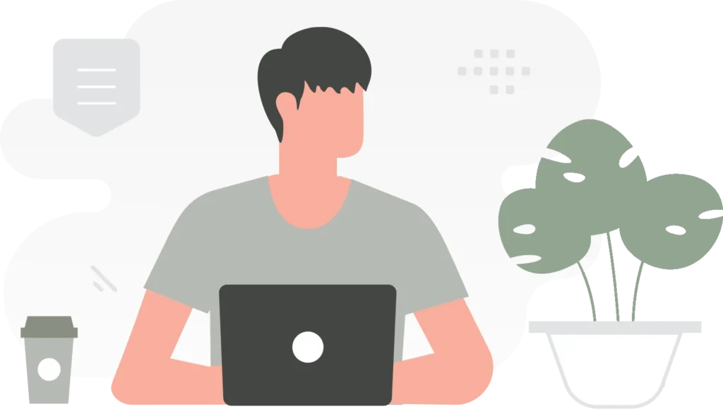 Illustration eines Mannes am Laptop zum Thema Stress und berufliche Neuorientierung